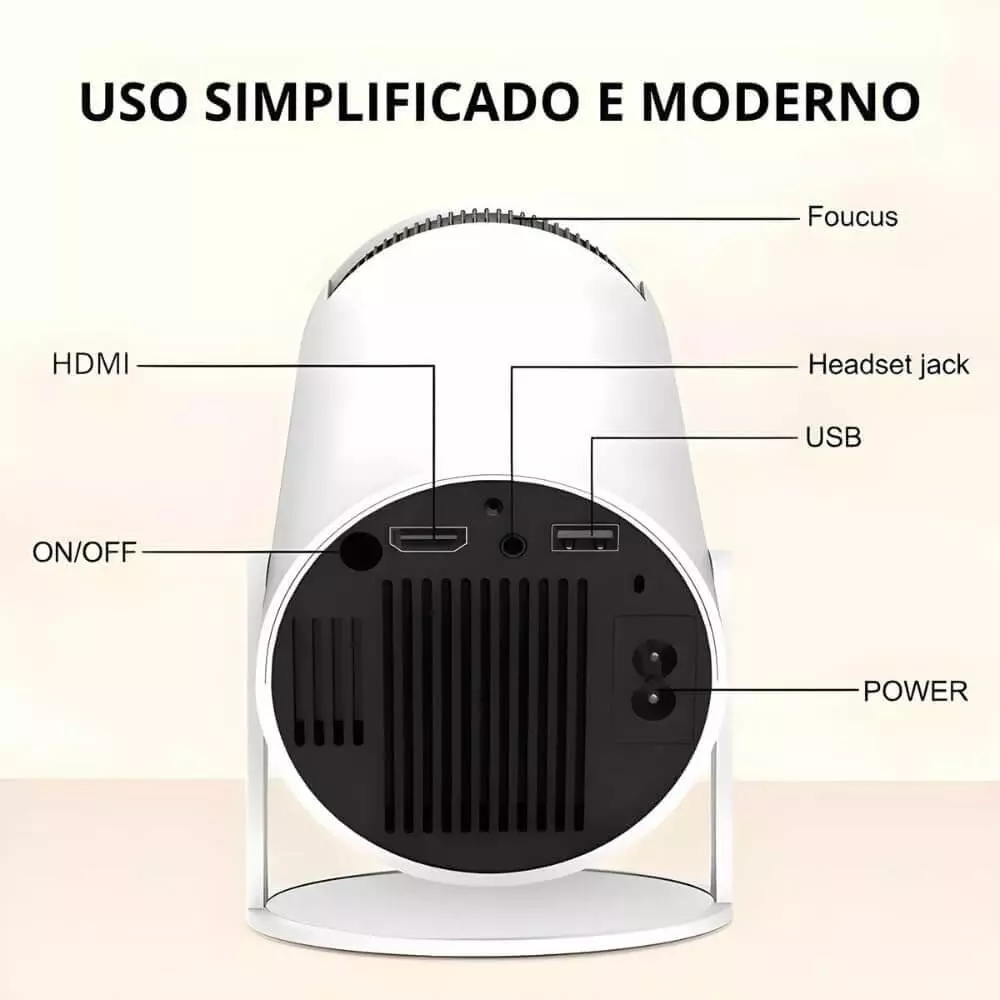 Projetor portátil barato: Conta com múltiplas conexões, incluindo HDMI, USB e Bluetooth para ampla compatibilidade. Crédito: Divulgação/HY300.