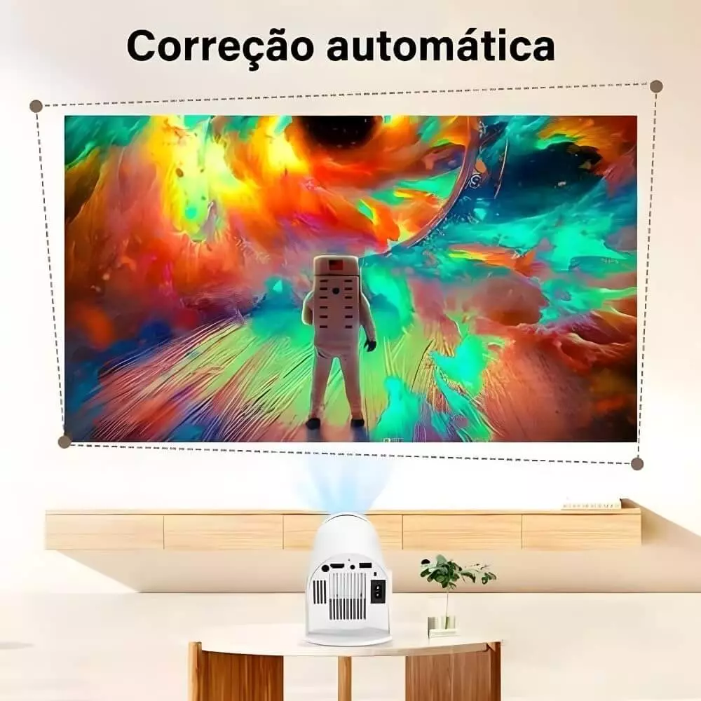 Projetor portátil barato: Projeta imagens corrigidas automaticamente, garantindo uma visualização perfeita sem distorções. Crédito: Divulgação/HY300.