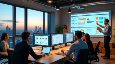 Equipe analisa produtos em marketplace com telas gigantes de e-commerce