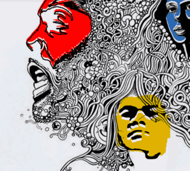 arte abstrata com rostos em cores azul, vermelho e amarelo.