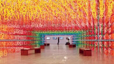 Imagem da mostra Floresta de Números com uma pessoa admirando a instalação.