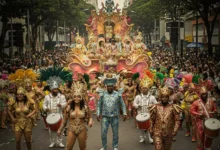 Carro alegórico luxuoso acompanhado por foliões fantasiados desfilando no Carnaval de São Paulo. (Imagem gerada por IA – Gemini. Fonte: dfolga.com).