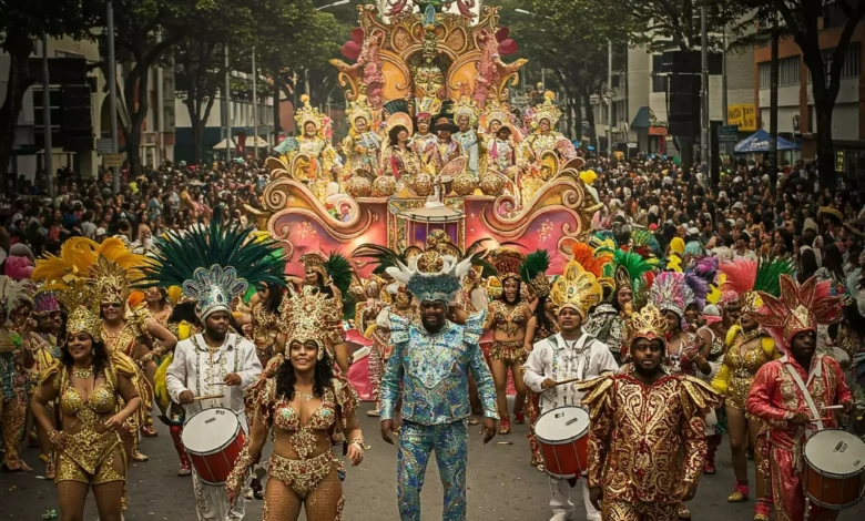 Carro alegórico luxuoso acompanhado por foliões fantasiados desfilando no Carnaval de São Paulo. (Imagem gerada por IA – Gemini. Fonte: dfolga.com).