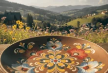 Alternativo: OFICINAS DE ARTE BAUER EM MONTE VERDE MG: Uma peça de artesanato decorada com a técnica Bauernmalerei em primeiro plano, destacando flores coloridas e vibrantes, com a paisagem serrana de Monte Verde ao fundo em um dia de sol primaveril. Crédito: Imagem gerada por IA.