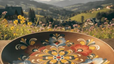 Alternativo: OFICINAS DE ARTE BAUER EM MONTE VERDE MG: Uma peça de artesanato decorada com a técnica Bauernmalerei em primeiro plano, destacando flores coloridas e vibrantes, com a paisagem serrana de Monte Verde ao fundo em um dia de sol primaveril. Crédito: Imagem gerada por IA.