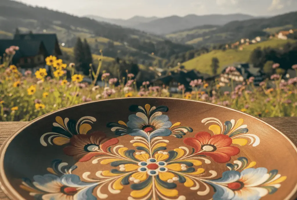 pintura-bauernmalerei-flores-serra-mantiqueira Alternativo: OFICINAS DE ARTE BAUER EM MONTE VERDE MG: Uma peça de artesanato decorada com a técnica Bauernmalerei em primeiro plano, destacando flores coloridas e vibrantes, com a paisagem serrana de Monte Verde ao fundo em um dia de sol primaveril. Crédito: Imagem gerada por IA.