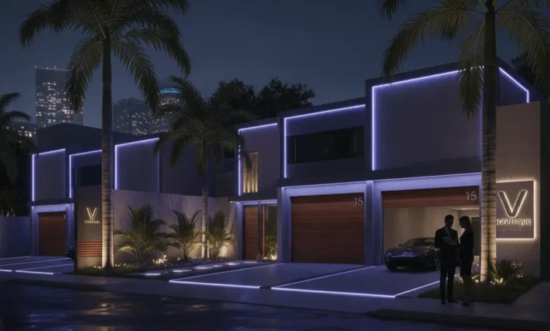 Motéis de Luxo: Foto ultrarrealista da fachada moderna e minimalista de um motel de luxo na Cidade do México, com iluminação de LED noturna e portões de garagem individuais. Crédito: Imagem gerada por IA.