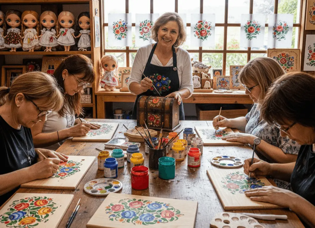 workshop-pintura-em-madeira-oficina-cristina-bottallo OFICINAS DE ARTE BAUER EM MONTE VERDE MG: Cena interna de um ateliê de arte em Monte Verde, mostrando turistas participando de uma aula prática de pintura Bauer em superfícies de madeira, com foco na instrutora demonstrando a técnica. Crédito: Imagem gerada por IA.