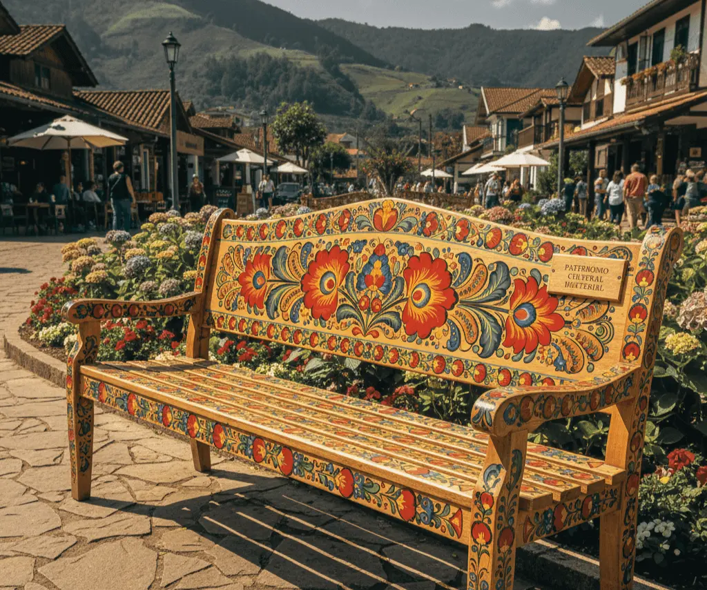 banco-decorado-arte-bauer-avenida-principal OFICINAS DE ARTE BAUER EM MONTE VERDE MG: Imagem de um banco público na avenida principal de Monte Verde, decorado com a pintura folclórica Bauernmalerei, simbolizando o patrimônio cultural imaterial do distrito. Crédito: Imagem gerada por IA.