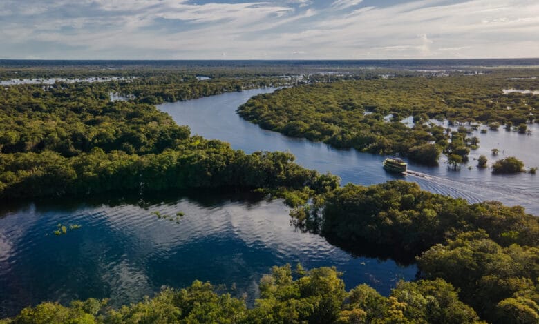 Cruzeiro fluvial navegando pelos rios da Amazônia em meio à floresta alagada, visto de cima.