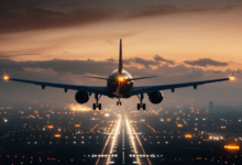 Avião comercial em aproximação para pouso durante a noite, representando o crescimento do turismo internacional no Brasil.