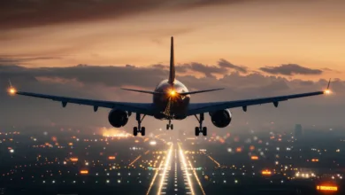 Avião comercial em aproximação para pouso durante a noite, representando o crescimento do turismo internacional no Brasil.