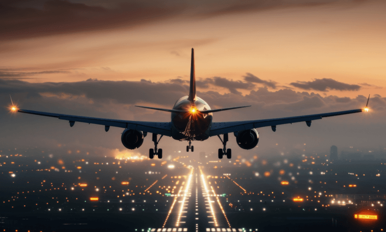 Avião comercial em aproximação para pouso durante a noite, representando o crescimento do turismo internacional no Brasil.