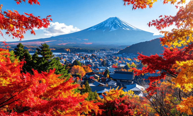 Monte Fuji ao fundo com vila japonesa e árvores em tons de vermelho e laranja durante o outono.