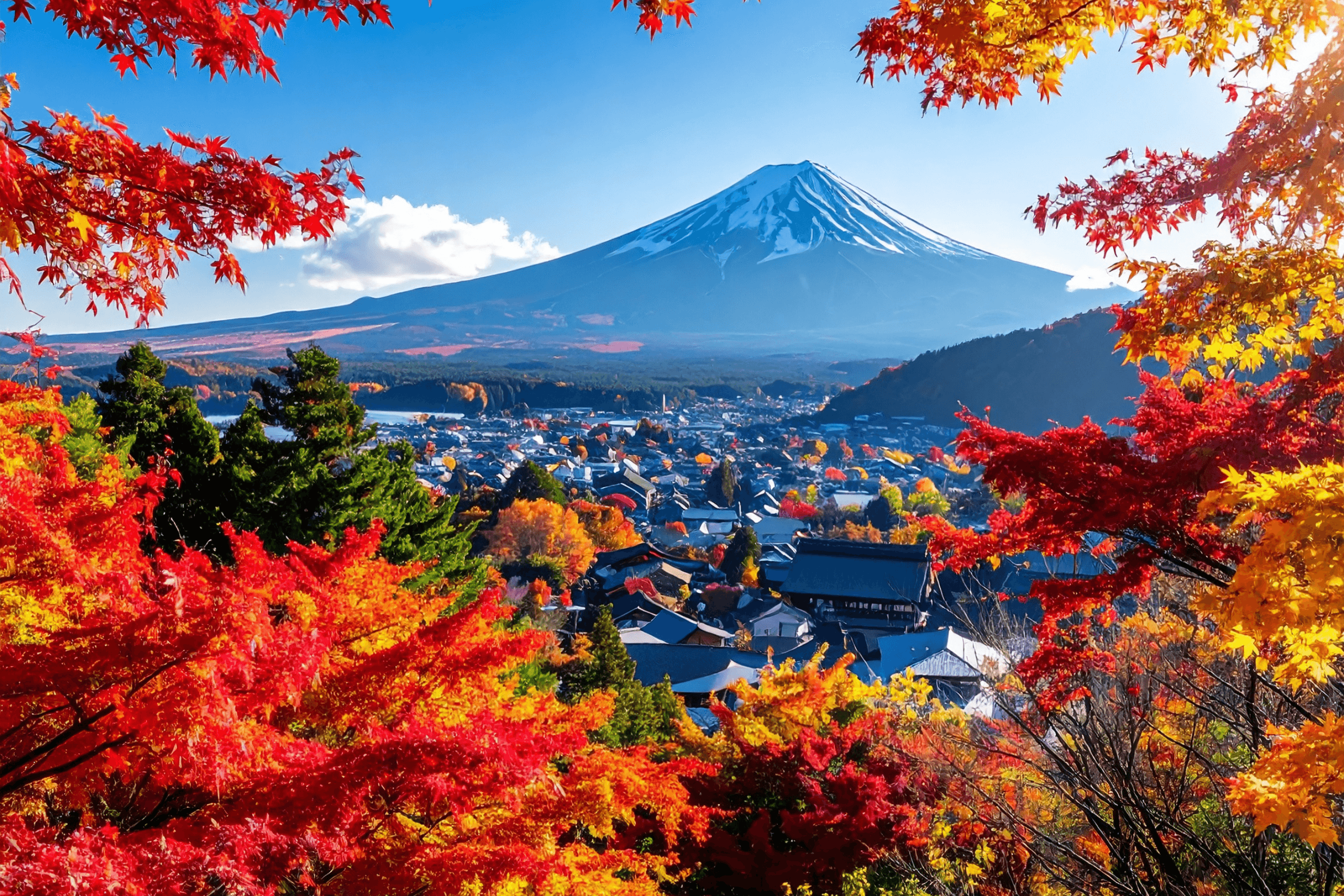 Monte Fuji ao fundo com vila japonesa e árvores em tons de vermelho e laranja durante o outono.