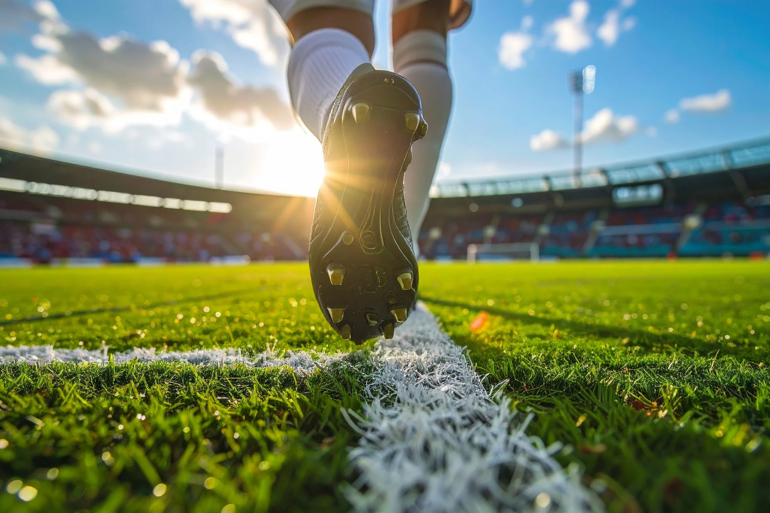 Close de chuteira de futebol preta e dourada sobre a linha branca do gramado de um estádio sob a luz do sol.