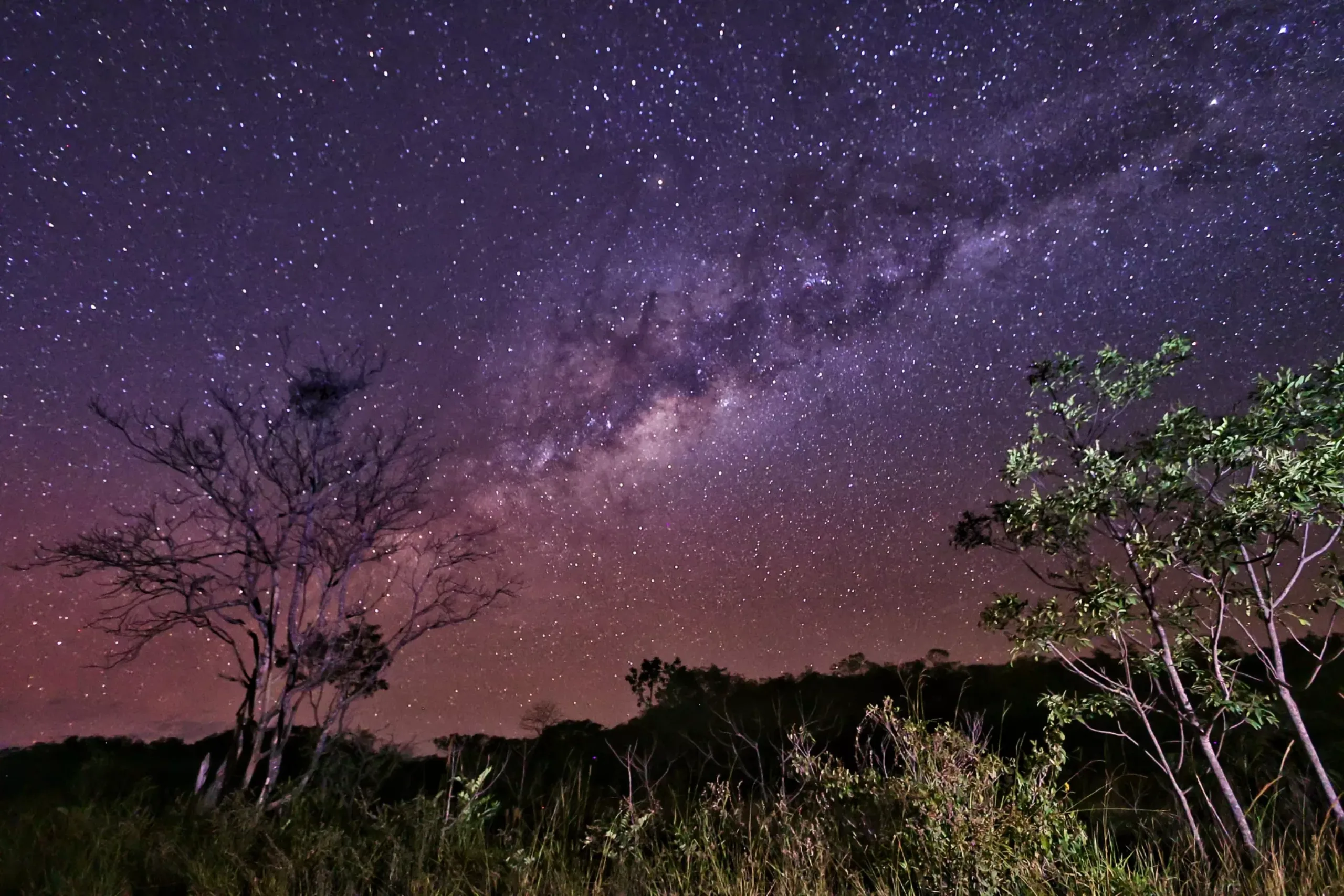 Céu noturno estrelado na Chapada dos Veadeiros, ideal para astroturismo e observação astronômica.