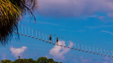 Duas pessoas com equipamentos de segurança atravessam uma ponte pênsil estreita sob um céu azul, com densa vegetação verde abaixo.