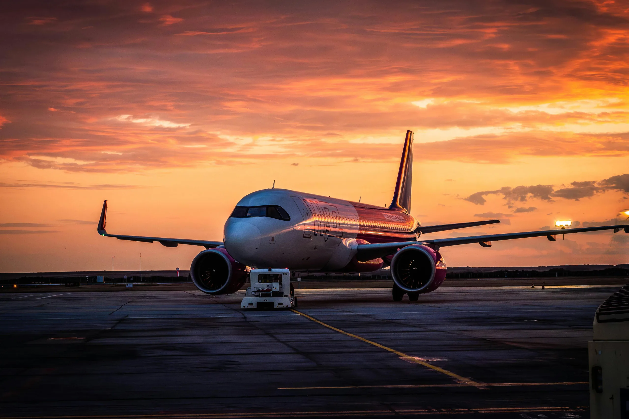 Avião estacionado em aeroporto ao pôr do sol.