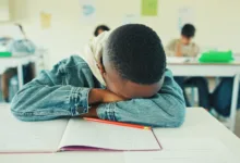 Criança com a cabeça apoiada sobre o caderno na sala de aula, ilustrando a sonolência diurna e o cansaço por falta de sono.
