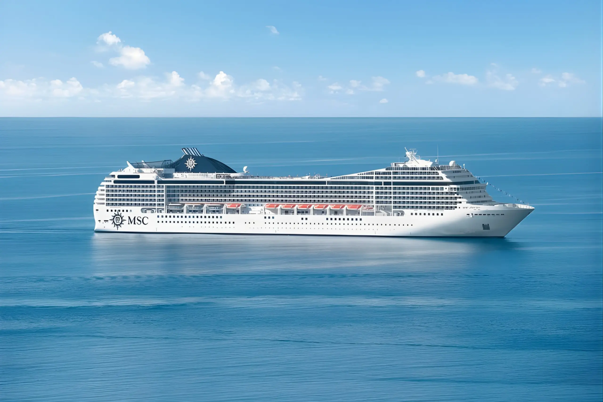 Navio de cruzeiro MSC Poesia navegando em mar azul calmo, embarcação da temporada inaugural da MSC Cruzeiros no Alasca em 2026