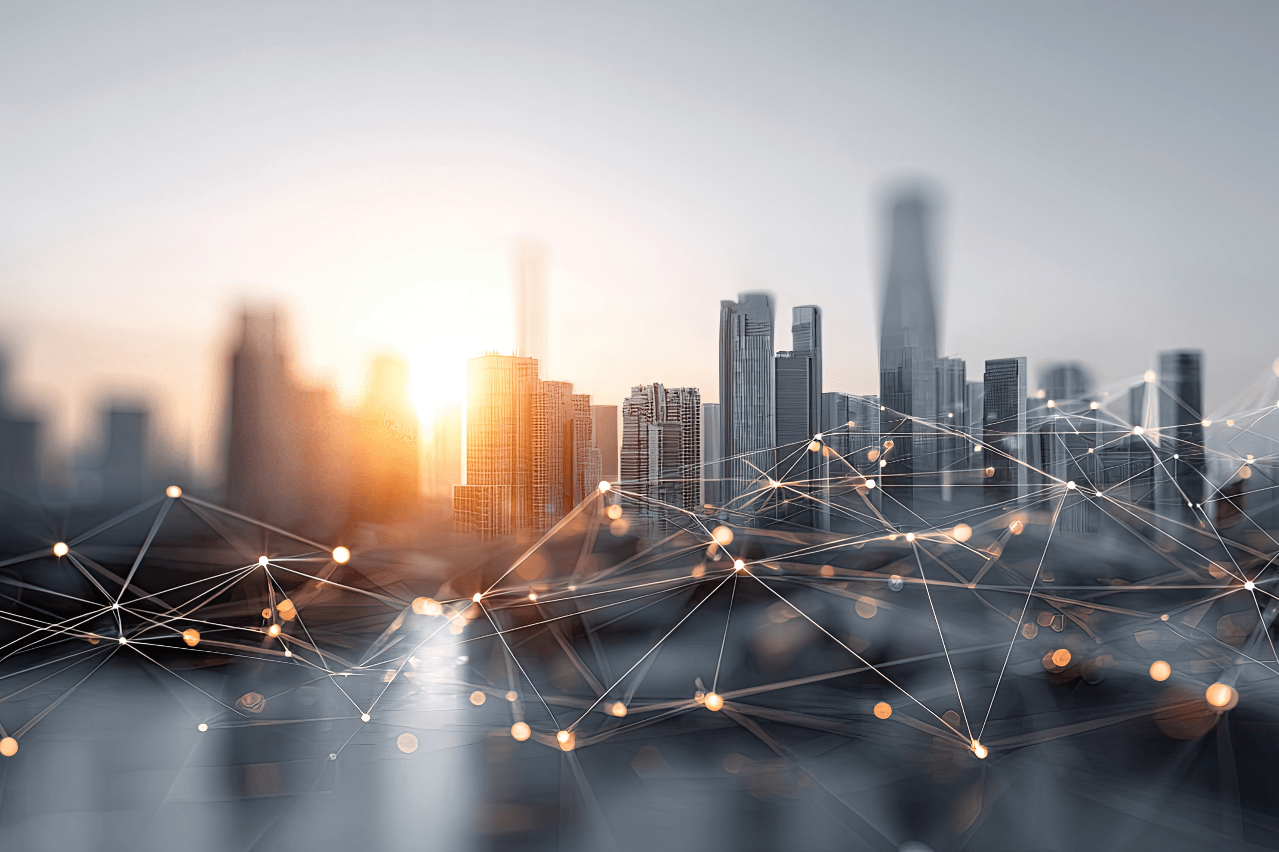 Ilustração de uma cidade moderna com linhas de conexão digital sobrepostas ao skyline, representando um Destino Turístico Inteligente.