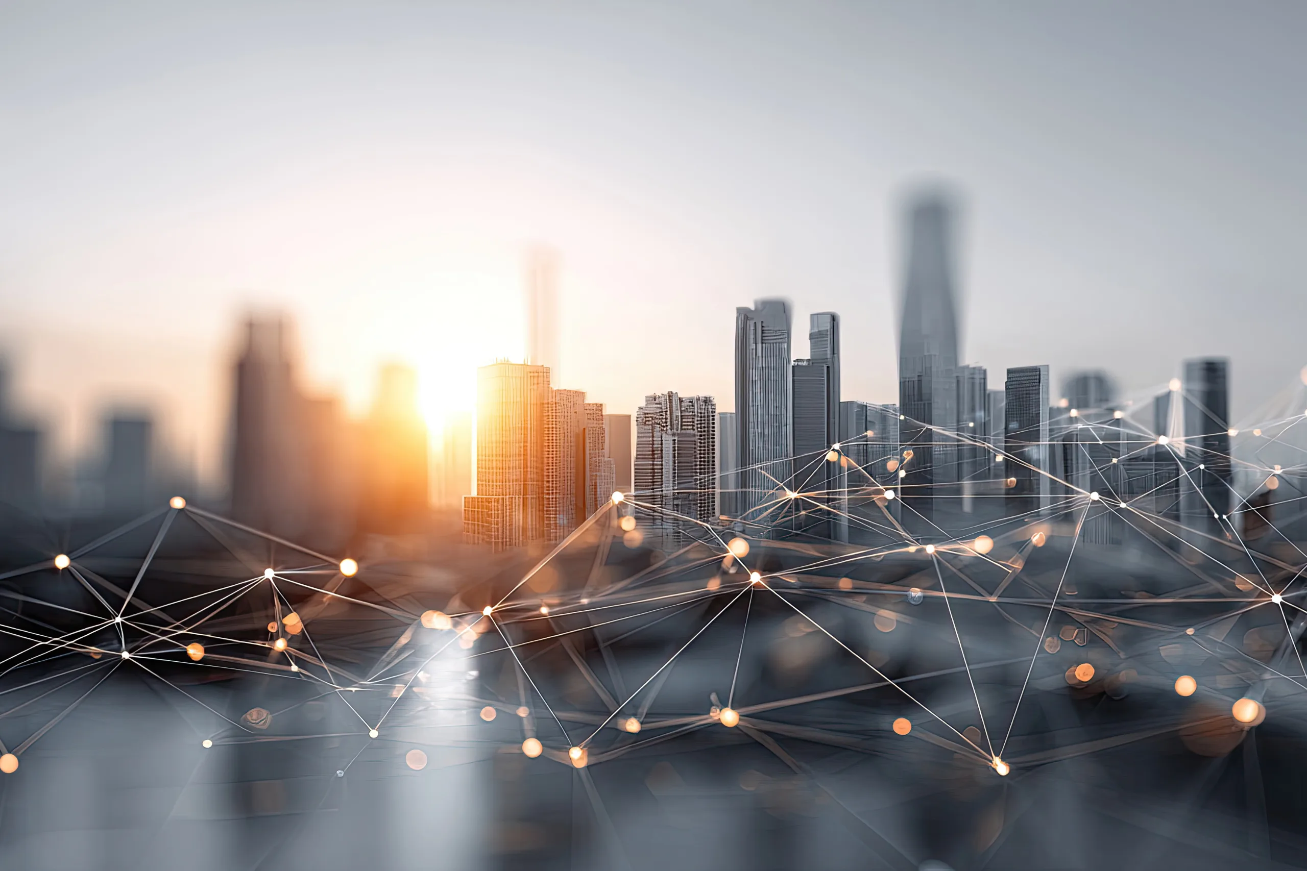Ilustração de uma cidade moderna com linhas de conexão digital sobrepostas ao skyline, representando um Destino Turístico Inteligente.