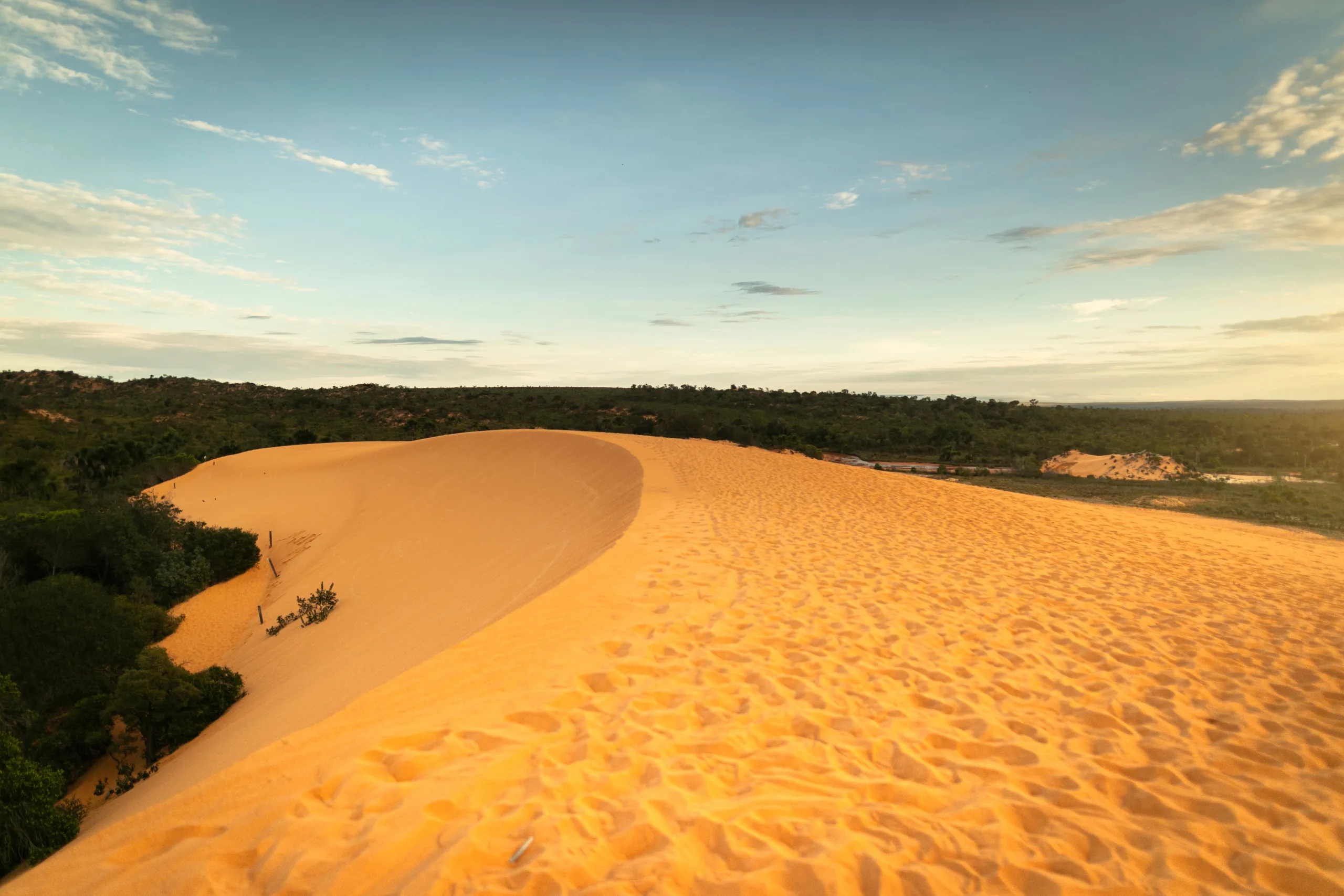 Uma vasta duna de areia dourada e alaranjada sob um céu de fim de tarde, cercada por vegetação rasteira e arbustos verdes.