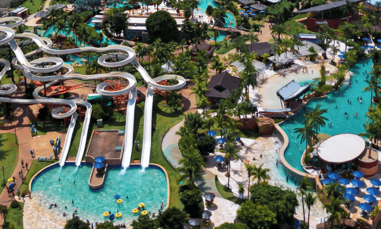 Vista aérea de um grande parque aquático com diversos toboáguas brancos sinuosos, piscinas de águas azuis claras e áreas arborizadas com palmeiras.