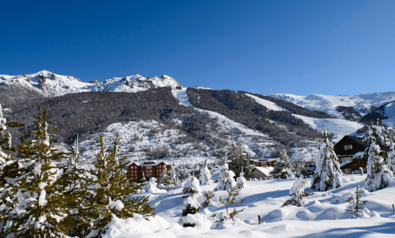 Base da montanha Cerro Catedral em Bariloche com pinheiros cobertos de neve, chalés alpinos ao fundo e céu azul limpo.