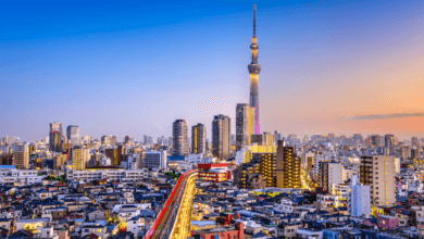 Paisagem urbana de Tóquio ao pôr do sol, com luzes de tráfego em longa exposição e a torre Tokyo Skytree centralizada ao fundo.
