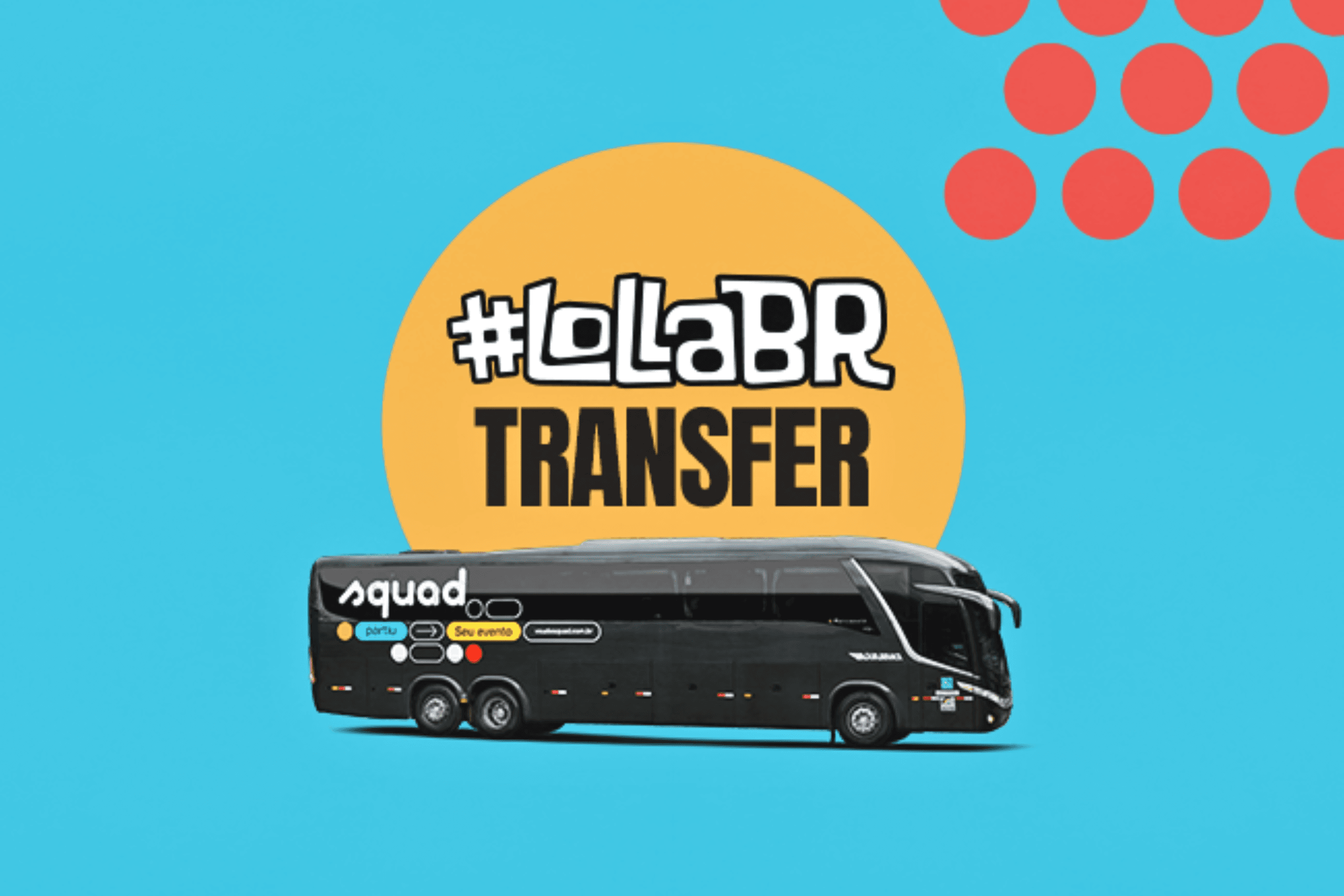 Ilustração com fundo azul claro e um círculo amarelo ao centro. À frente, um ônibus de viagem preto com a marca