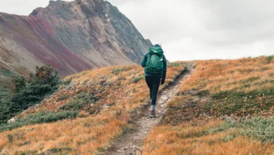 Mochileira com mochila cargueira verde caminha em trilha de terra em direção a montanhas sob céu nublado.