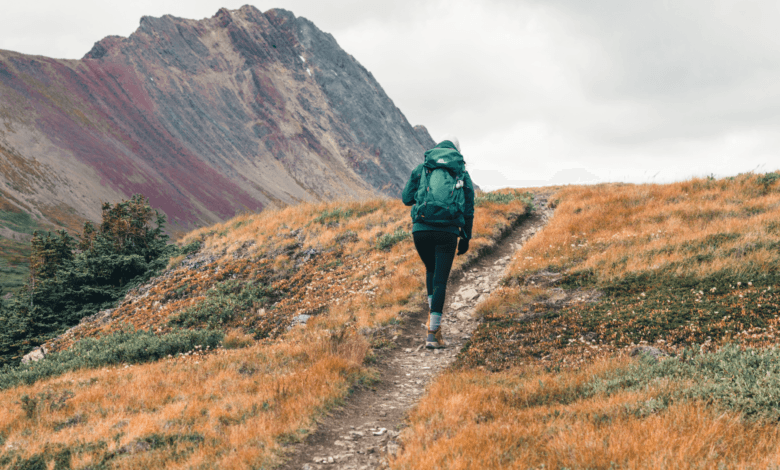 Mochileira com mochila cargueira verde caminha em trilha de terra em direção a montanhas sob céu nublado.