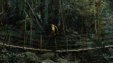 Viajante com mochila atravessando ponte suspensa de madeira em meio à vegetação densa da Trilha Caminhos da Ibiapaba