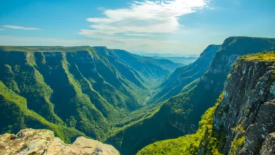 Vista panorâmica de um cânion profundo com paredões de rocha cobertos por vegetação verde sob um céu azul com nuvens esparsas.