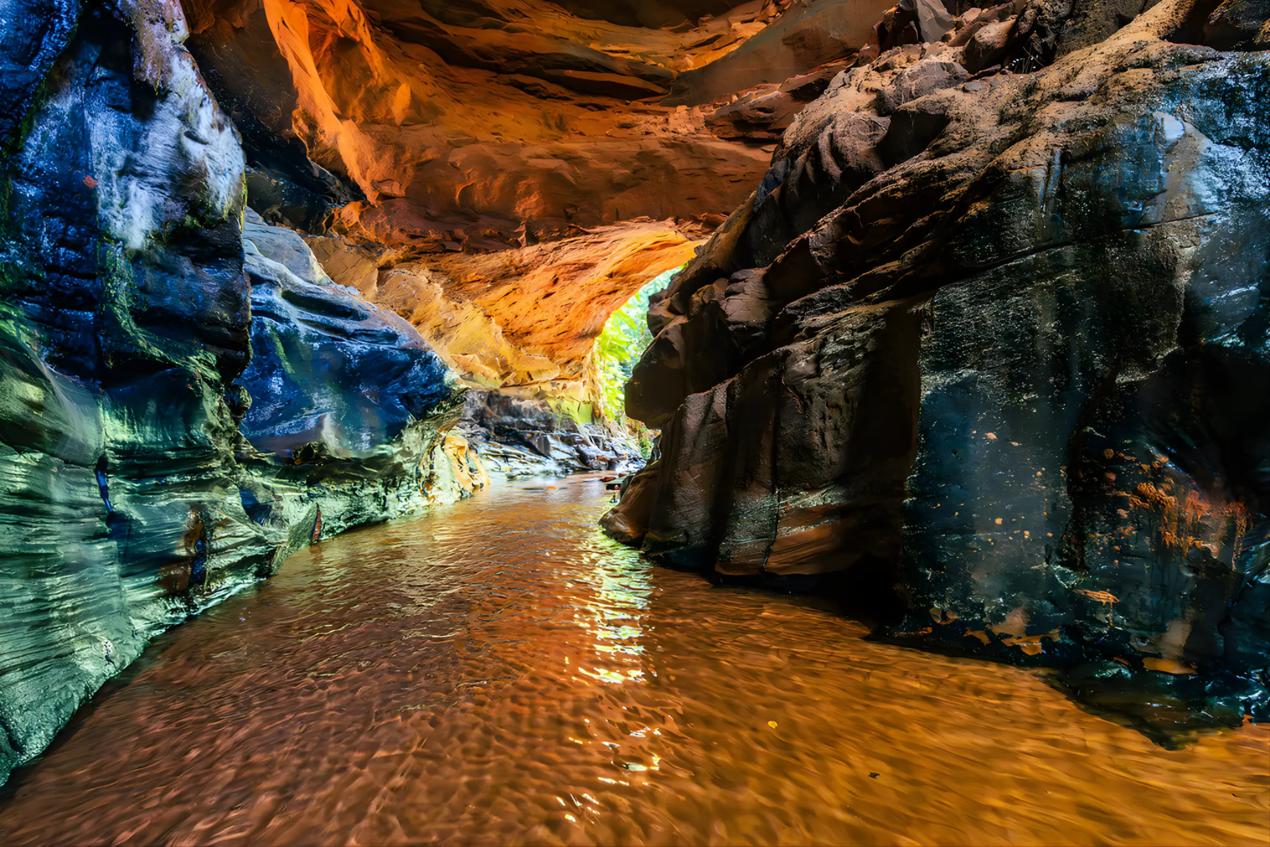 Vista interna de uma gruta com água rasa corrente no fundo e abertura no teto por onde entra luz solar entre rochas esculpidas.