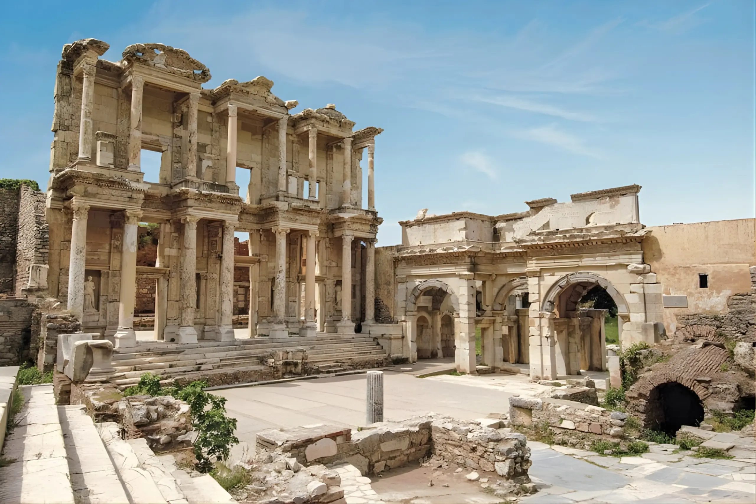 Ruínas da Biblioteca de Celso em Éfeso, Turquia, sítio arqueológico Patrimônio Mundial da UNESCO acessível pelo cruzeiro MSC pelo Mediterrâneo Oriental