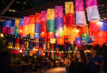 Lanternas coloridas coreanas iluminadas à noite no Festival Sabores e Luzes da Coreia com visitantes ao fundo