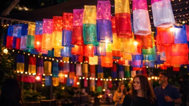 Lanternas coloridas coreanas iluminadas à noite no Festival Sabores e Luzes da Coreia com visitantes ao fundo