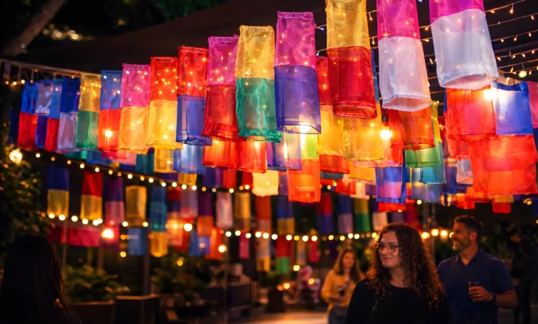 Lanternas coloridas coreanas iluminadas à noite no Festival Sabores e Luzes da Coreia com visitantes ao fundo