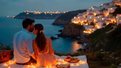 Casal em piquenique romântico com luzes decorativas ao entardecer com vista para cidade litorânea iluminada ao fundo