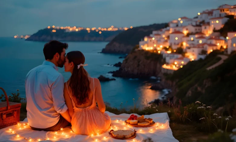 Casal em piquenique romântico com luzes decorativas ao entardecer com vista para cidade litorânea iluminada ao fundo