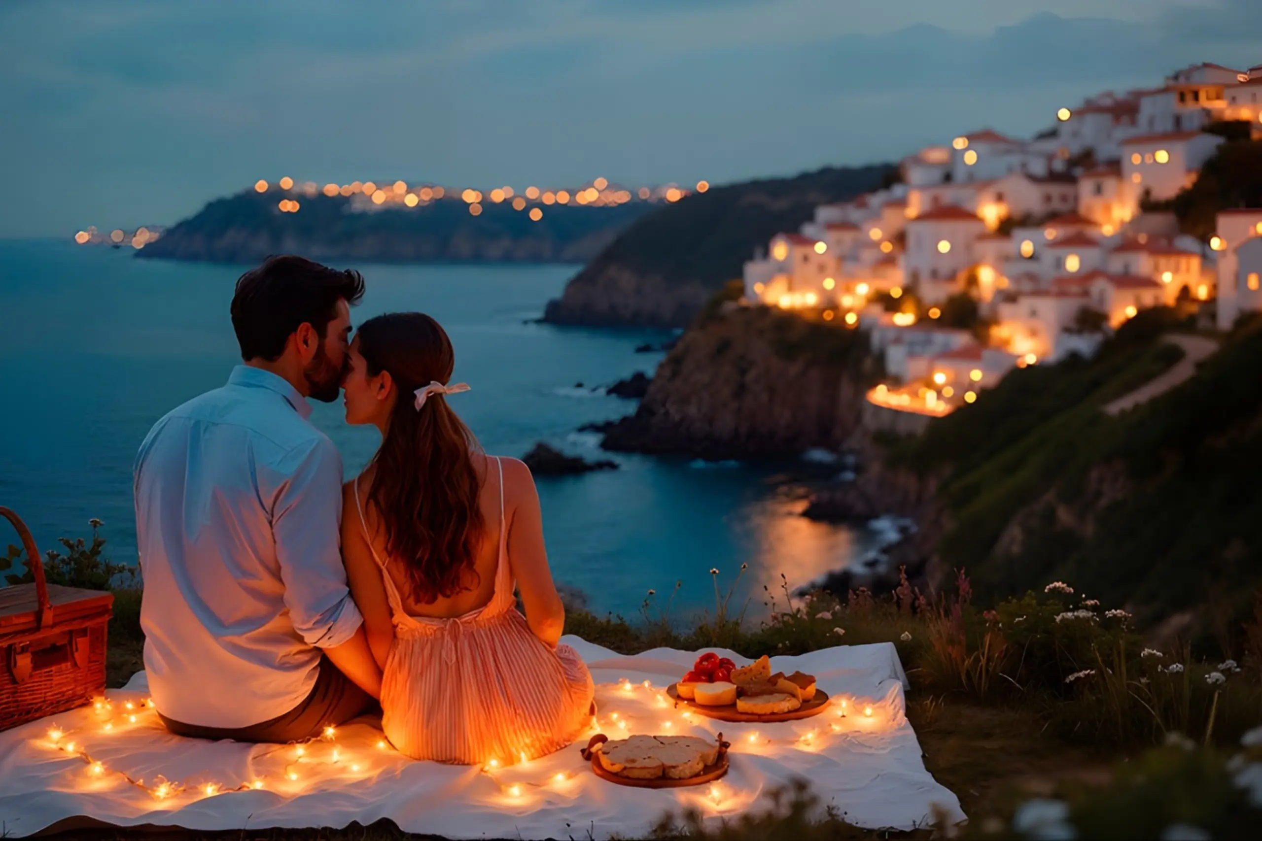 Casal em piquenique romântico com luzes decorativas ao entardecer com vista para cidade litorânea iluminada ao fundo