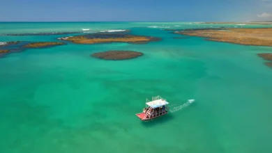 Jangada navegando nas piscinas naturais de águas turquesas da Rota Ecológica dos Milagres, em Alagoas, com arrecifes de corais visíveis.
