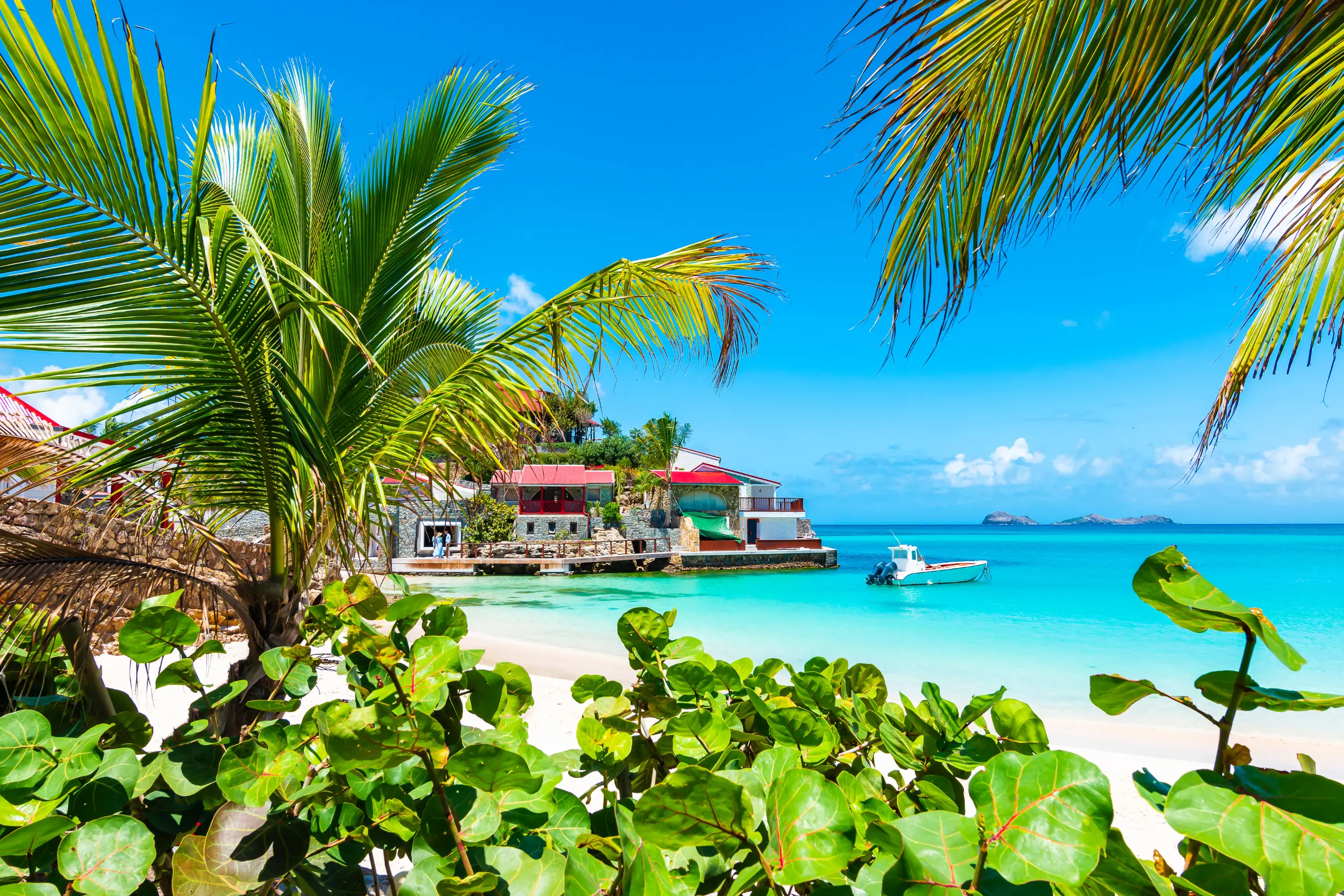 Praia de águas cristalinas e areia branca em St. Barths com vegetação tropical.