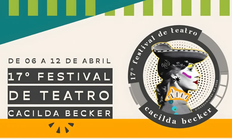 Cartaz do 17º Festival de Teatro Cacilda Becker com datas de 6 a 12 de abril em Pirassununga.